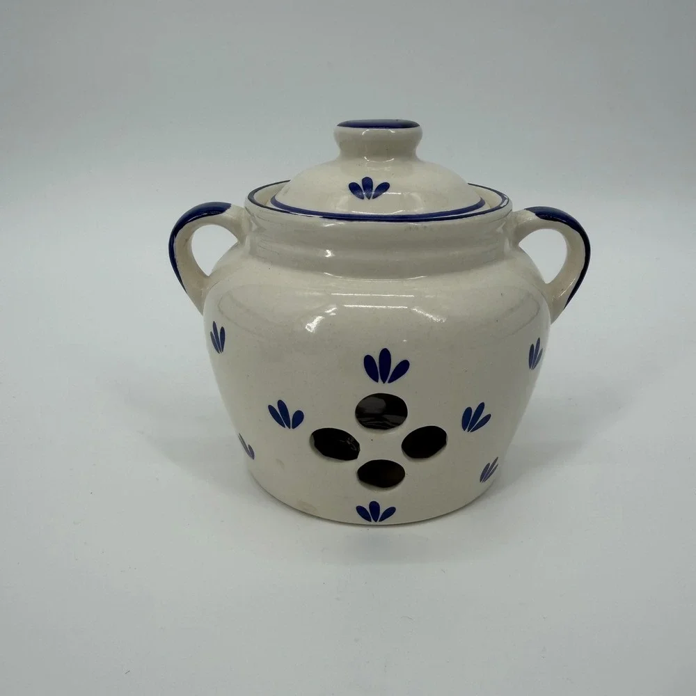 Ceramic Garlic Keeper Hand Painted Blue Floral Cream Stoneware Jar with Lid